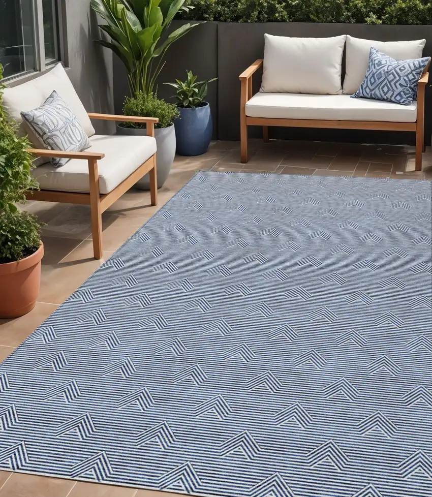 Blue And Ivory Geometric Washable Indoor Outdoor Area Rug Photo 1