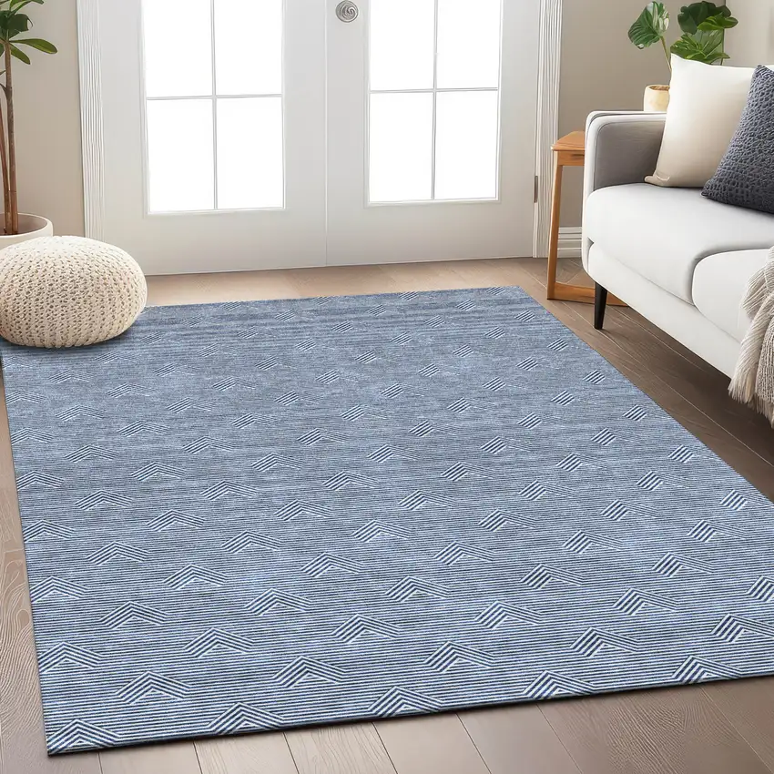 Blue And Ivory Geometric Washable Indoor Outdoor Area Rug Photo 9