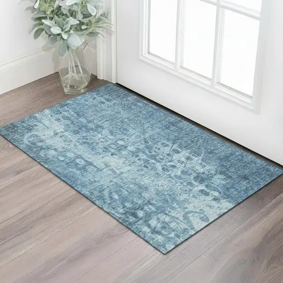 Blue And Ivory Ikat Washable Area Rug With UV Protection Photo 1