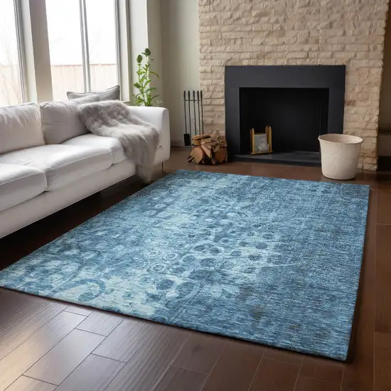 Blue And Ivory Ikat Washable Area Rug With UV Protection Photo 4