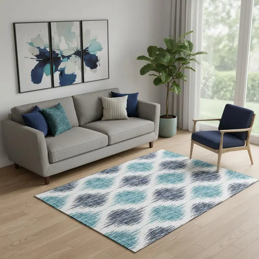 Blue And Ivory Ikat Washable Area Rug With UV Protection Photo 1