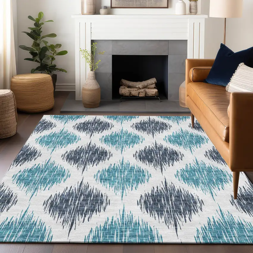 Blue And Ivory Ikat Washable Area Rug With UV Protection Photo 5