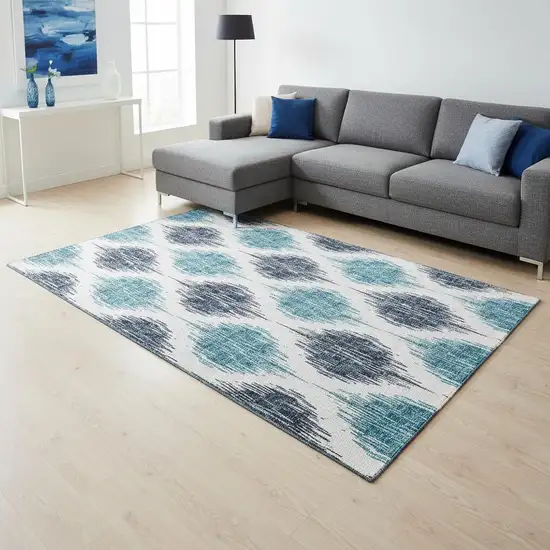 Blue And Ivory Ikat Washable Area Rug With UV Protection Photo 2