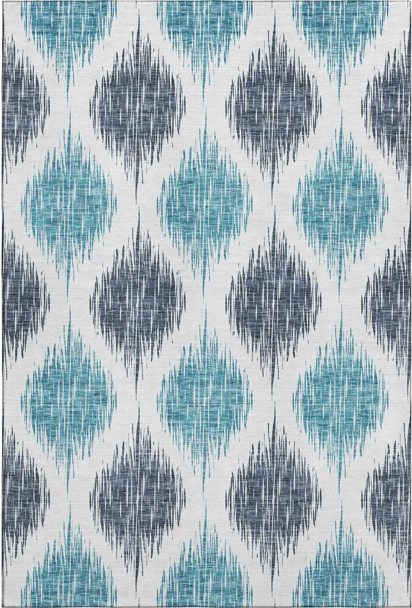 Blue And Ivory Ikat Washable Area Rug With UV Protection Photo 1