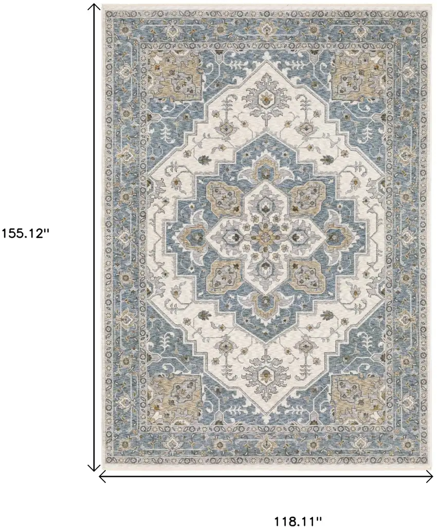 Blue And Ivory Medallion Distressed Area Rug With Fringe Photo 3