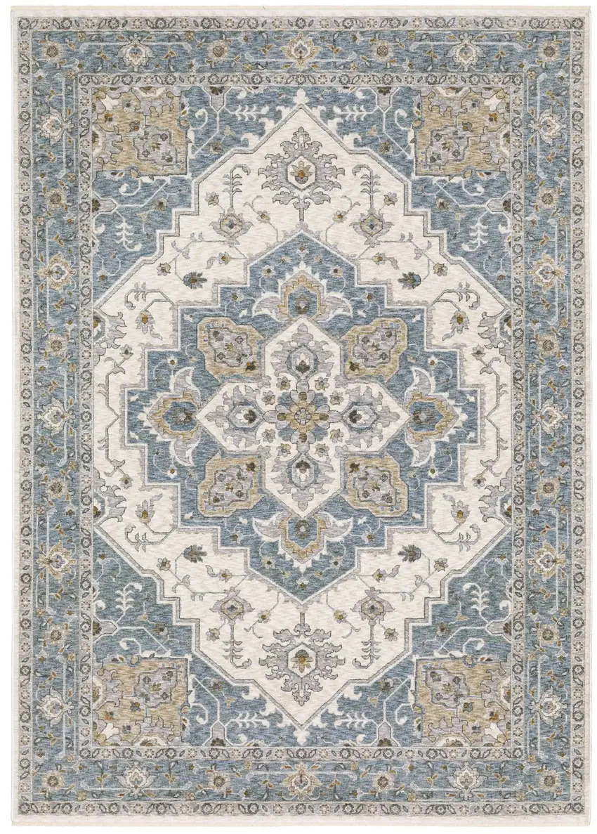 Blue And Ivory Medallion Distressed Area Rug With Fringe Photo 6