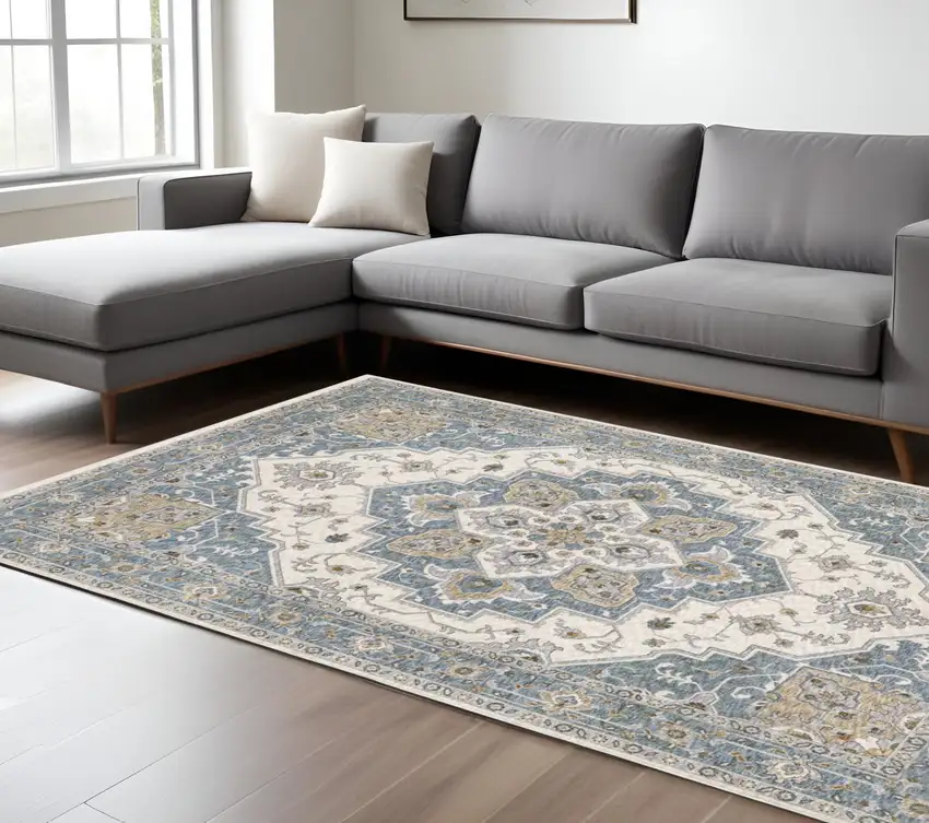 Blue And Ivory Medallion Distressed Area Rug With Fringe Photo 1
