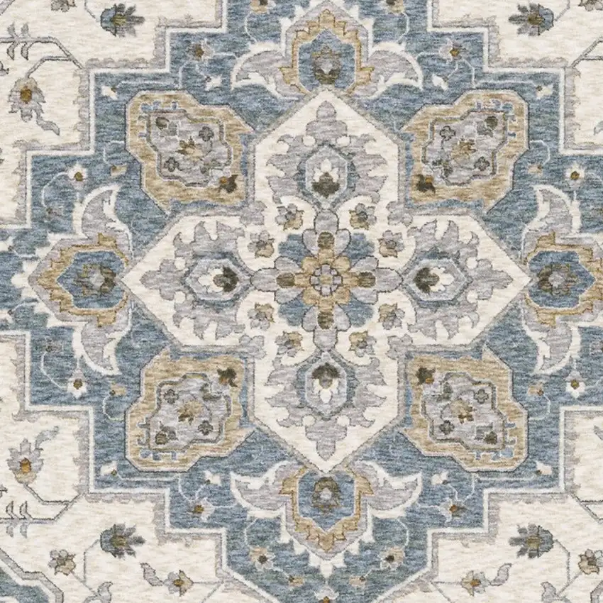 Blue And Ivory Medallion Distressed Area Rug With Fringe Photo 6
