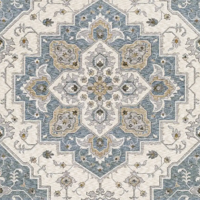 Blue And Ivory Medallion Distressed Area Rug With Fringe Photo 7