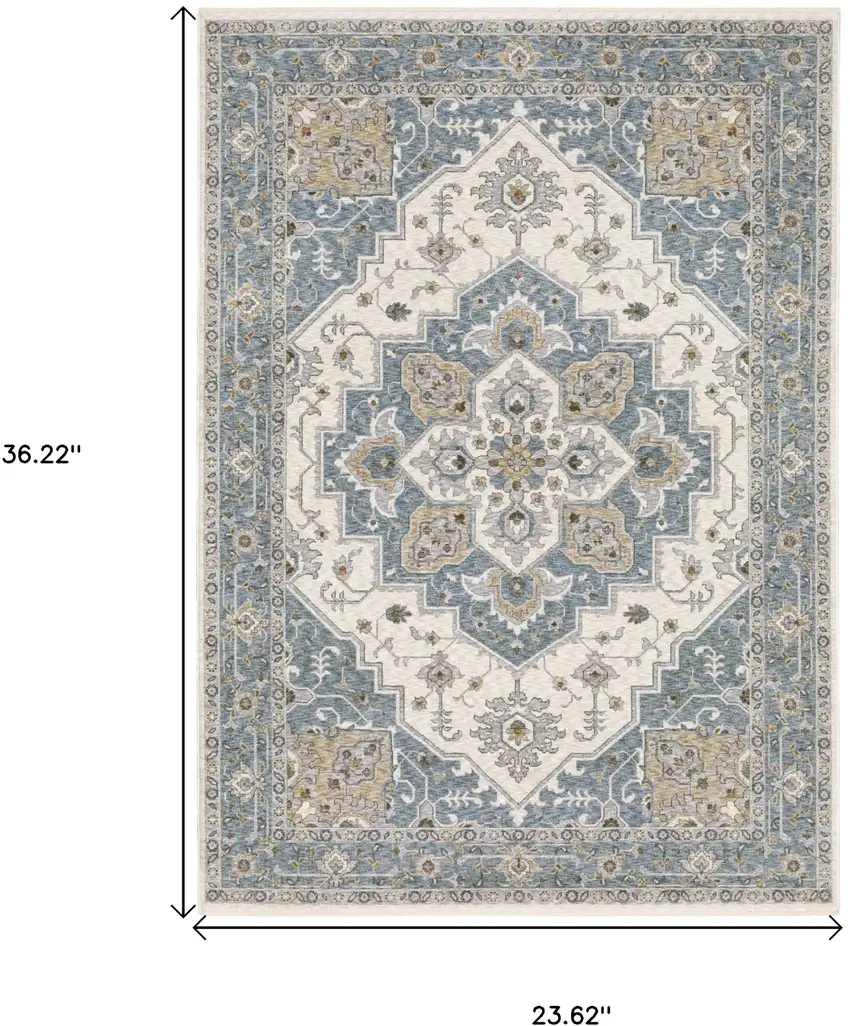 Blue And Ivory Medallion Distressed Area Rug With Fringe Photo 3