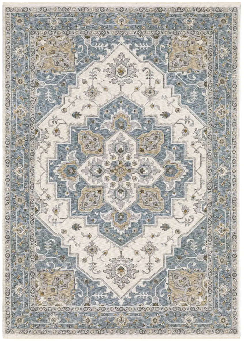 Blue And Ivory Medallion Distressed Area Rug With Fringe Photo 1
