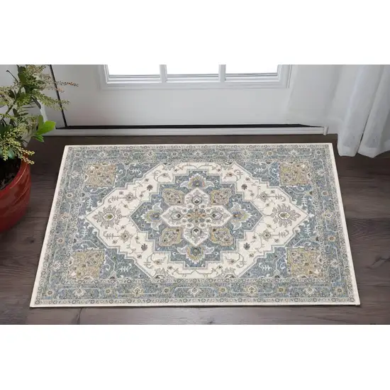 Blue And Ivory Medallion Distressed Area Rug With Fringe Photo 1