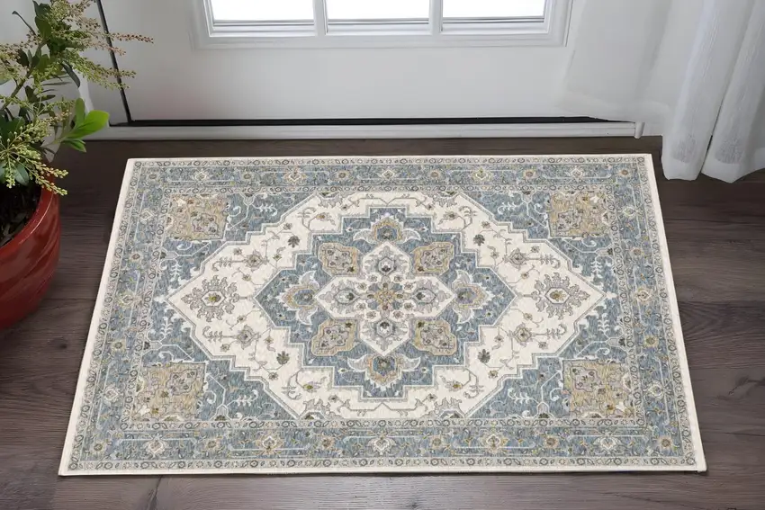 Blue And Ivory Medallion Distressed Area Rug With Fringe Photo 1