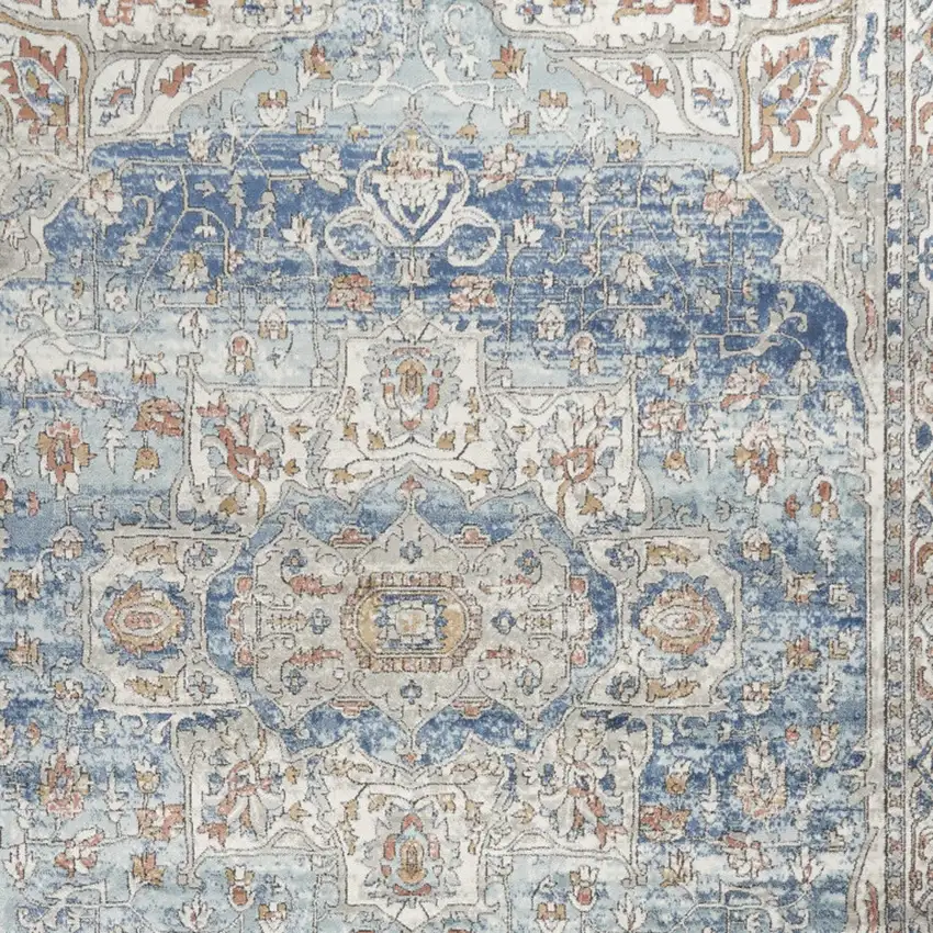 Blue And Ivory Medallion Distressed Area Rug Photo 7