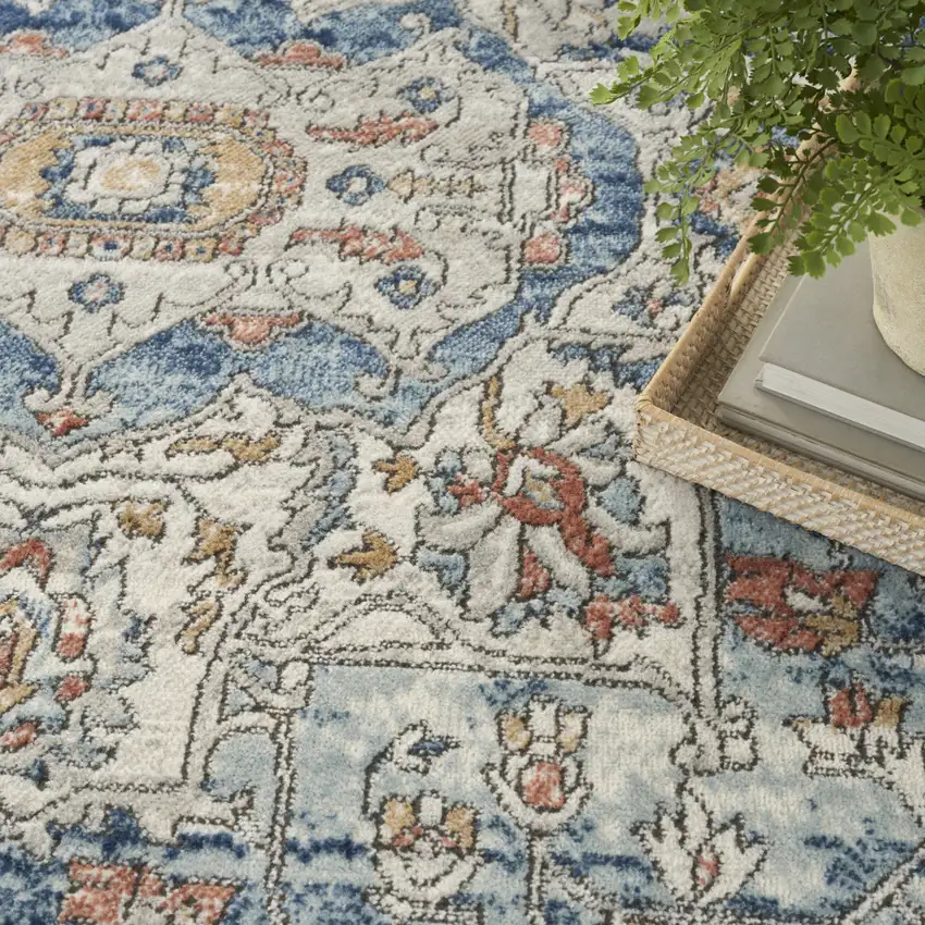 Blue And Ivory Medallion Distressed Area Rug Photo 9