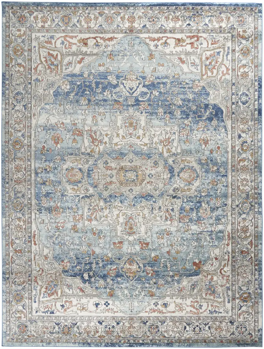 Blue And Ivory Medallion Distressed Area Rug Photo 2