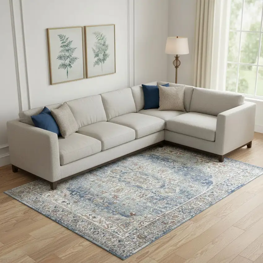 Blue And Ivory Medallion Distressed Area Rug Photo 1