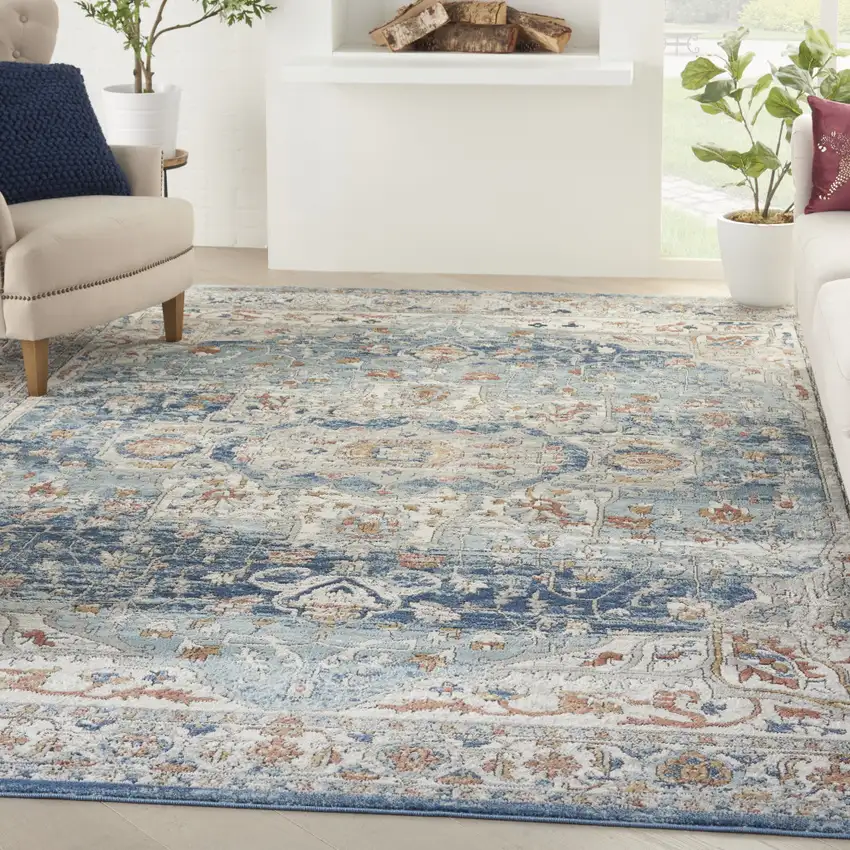 Blue And Ivory Medallion Distressed Area Rug Photo 5
