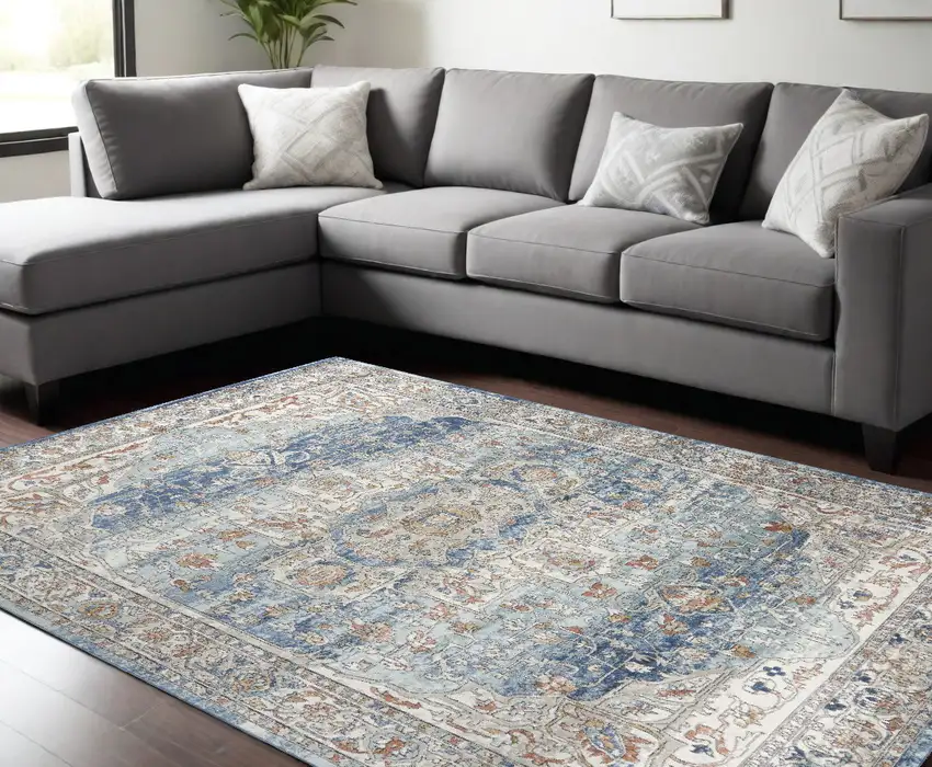 Blue And Ivory Medallion Distressed Area Rug Photo 1
