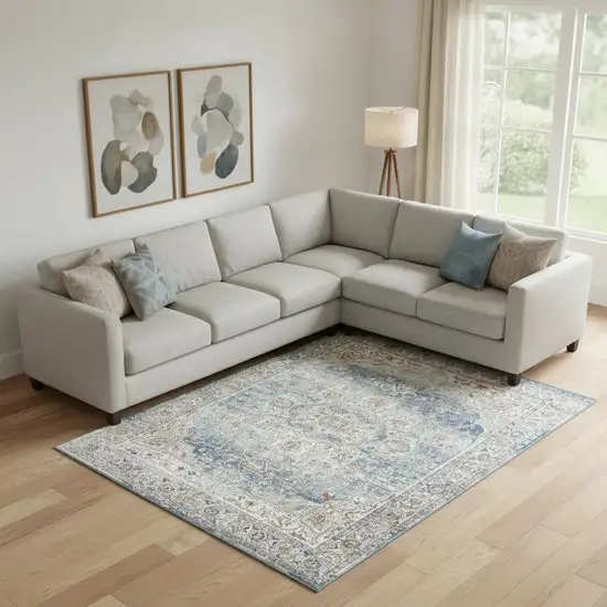 Blue And Ivory Medallion Distressed Area Rug Photo 1