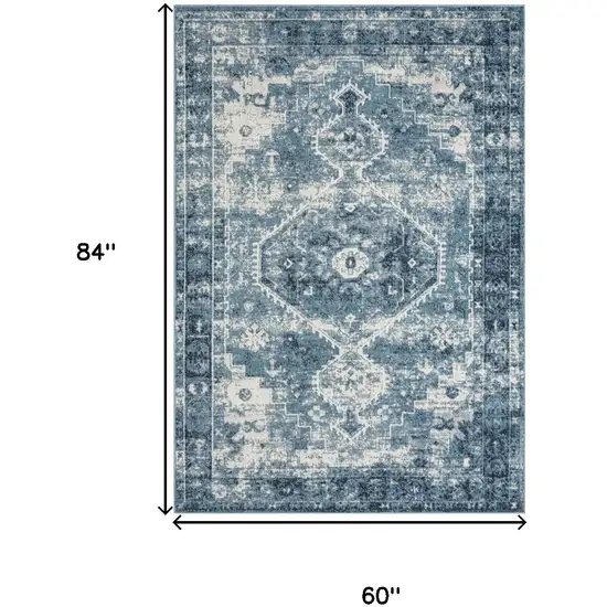 Blue And Ivory Medallion Distressed Washable Area Rug Photo 3