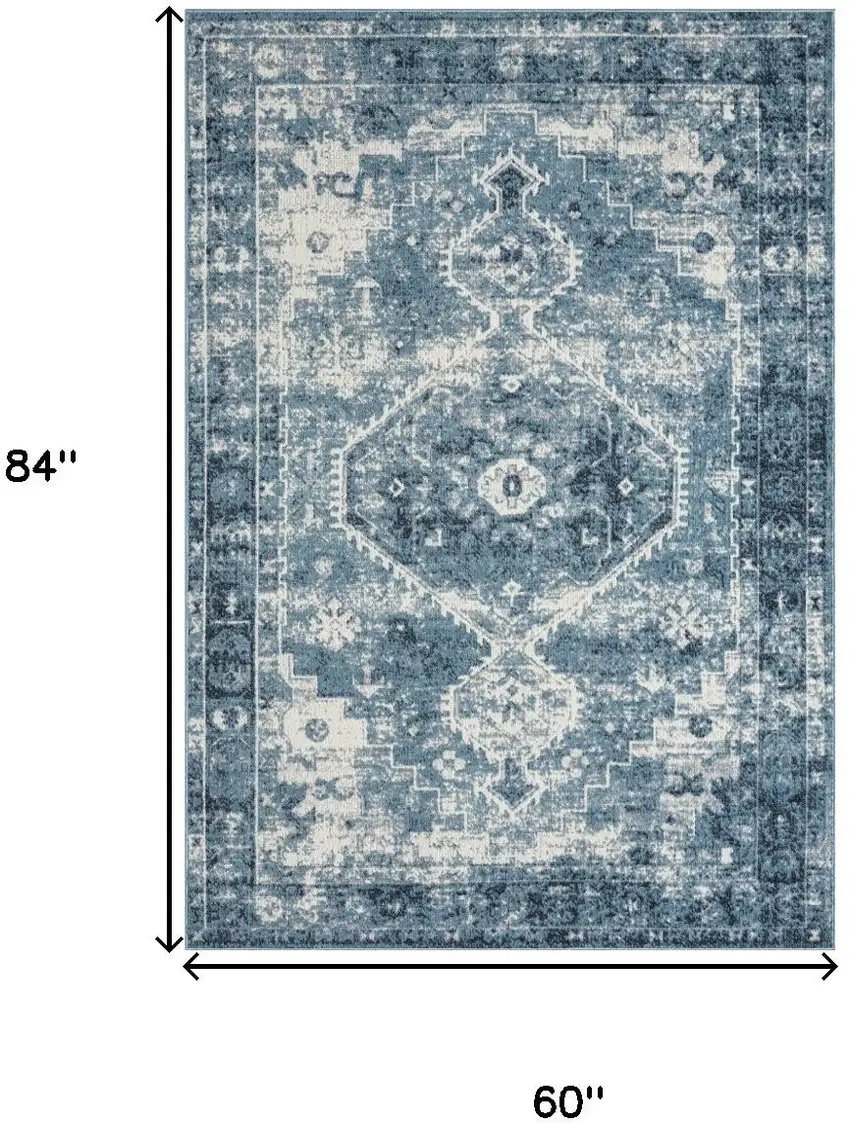 Blue And Ivory Medallion Distressed Washable Area Rug Photo 3