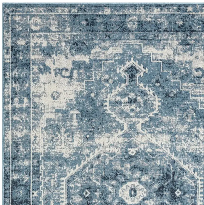 Blue And Ivory Medallion Distressed Washable Area Rug Photo 4
