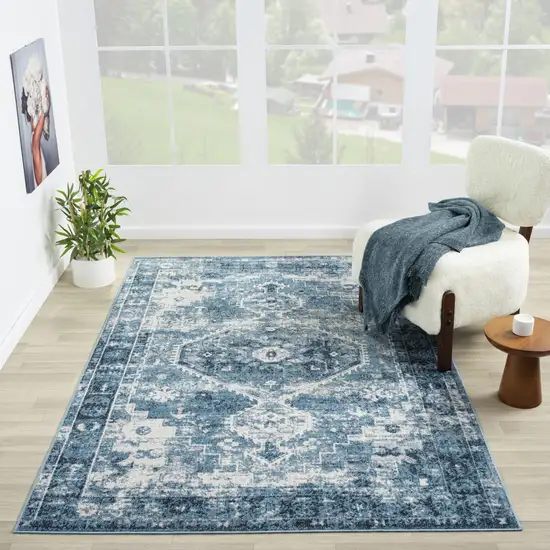 Blue And Ivory Medallion Distressed Washable Area Rug Photo 6