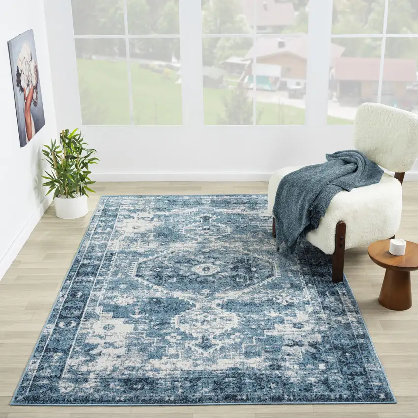 Blue And Ivory Medallion Distressed Washable Area Rug Photo 6
