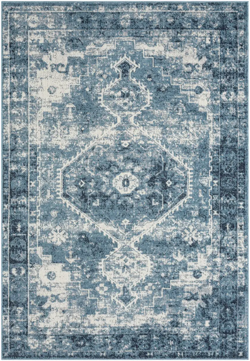 Blue And Ivory Medallion Distressed Washable Area Rug Photo 1