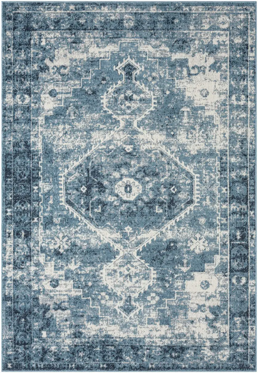 Blue And Ivory Medallion Distressed Washable Area Rug Photo 3