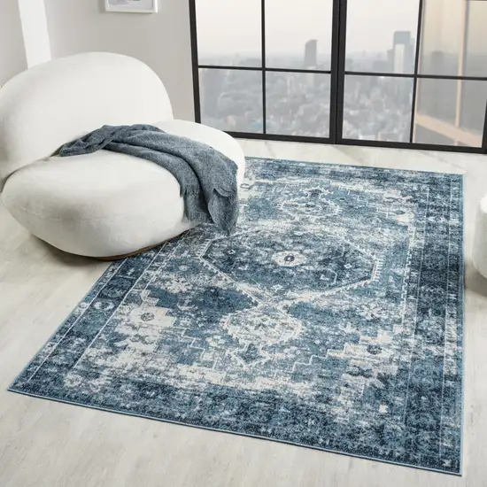 Blue And Ivory Medallion Distressed Washable Area Rug Photo 5