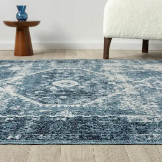 Blue And Ivory Medallion Distressed Washable Area Rug Photo 4