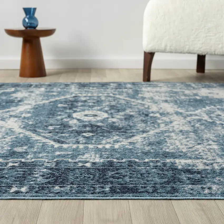 Blue And Ivory Medallion Distressed Washable Area Rug Photo 4