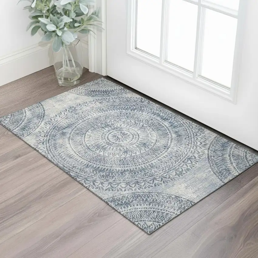 Blue And Ivory Medallion Washable Area Rug With UV Protection Photo 1
