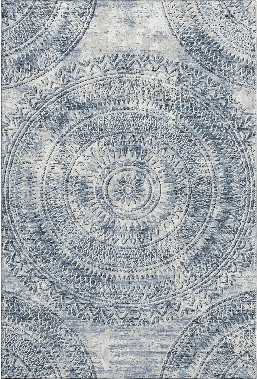 Blue And Ivory Medallion Washable Area Rug With UV Protection Photo 2
