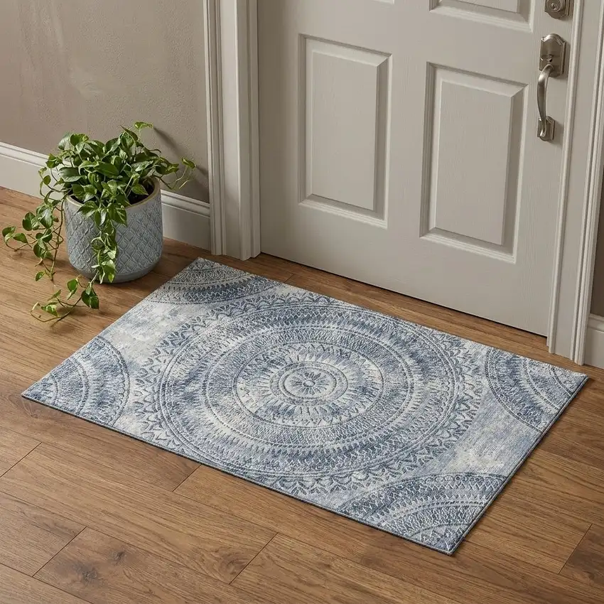 Blue And Ivory Medallion Washable Area Rug With UV Protection Photo 1
