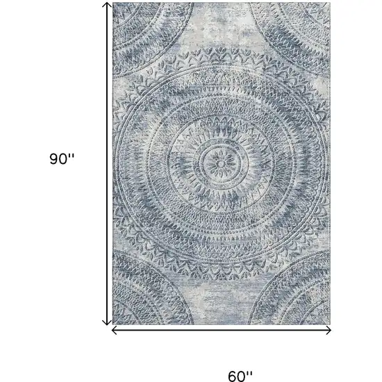 Blue And Ivory Medallion Washable Area Rug With UV Protection Photo 3