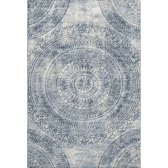 Blue And Ivory Medallion Washable Area Rug With UV Protection Photo 2