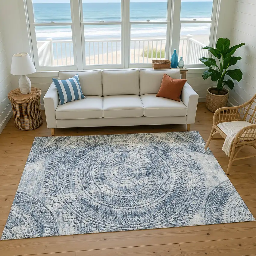 Blue And Ivory Medallion Washable Area Rug With UV Protection Photo 5