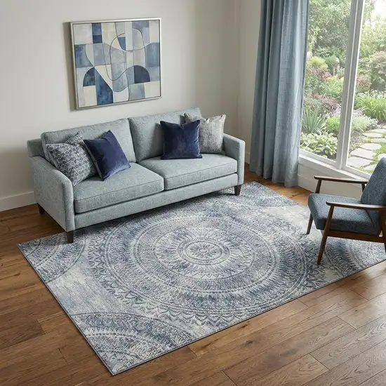 Blue And Ivory Medallion Washable Area Rug With UV Protection Photo 1