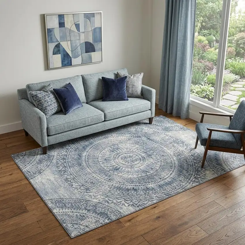 Blue And Ivory Medallion Washable Area Rug With UV Protection Photo 1