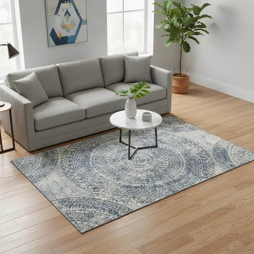 Blue And Ivory Medallion Washable Area Rug With UV Protection Photo 1