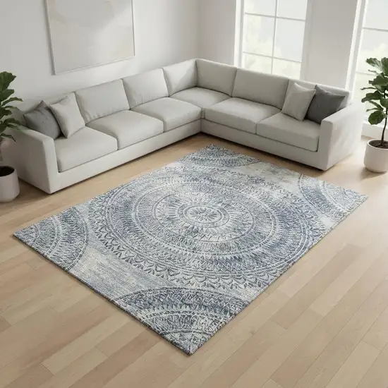 Blue And Ivory Medallion Washable Area Rug With UV Protection Photo 1