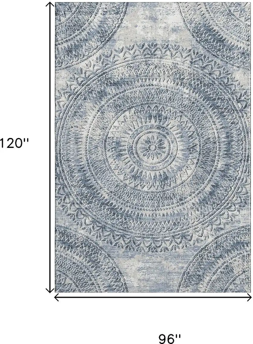 Blue And Ivory Medallion Washable Area Rug With UV Protection Photo 3