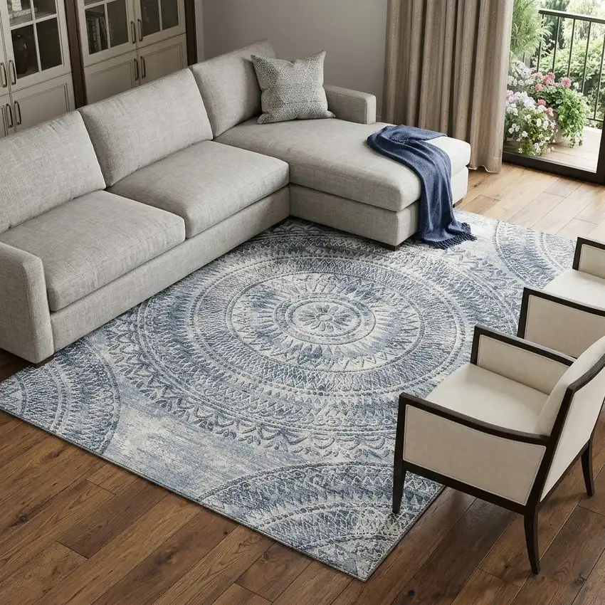 Blue And Ivory Medallion Washable Area Rug With UV Protection Photo 1