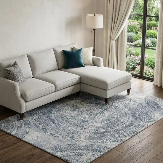 Blue And Ivory Medallion Washable Area Rug With UV Protection Photo 1