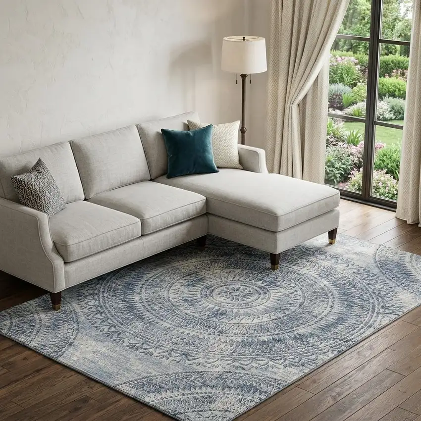 Blue And Ivory Medallion Washable Area Rug With UV Protection Photo 1