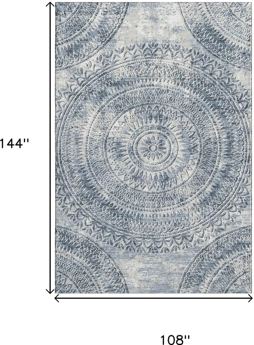 Blue And Ivory Medallion Washable Area Rug With UV Protection Photo 3