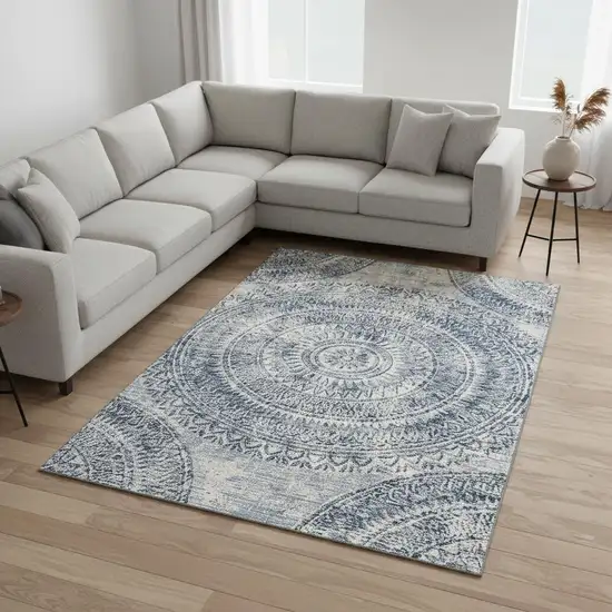 Blue And Ivory Medallion Washable Area Rug With UV Protection Photo 1